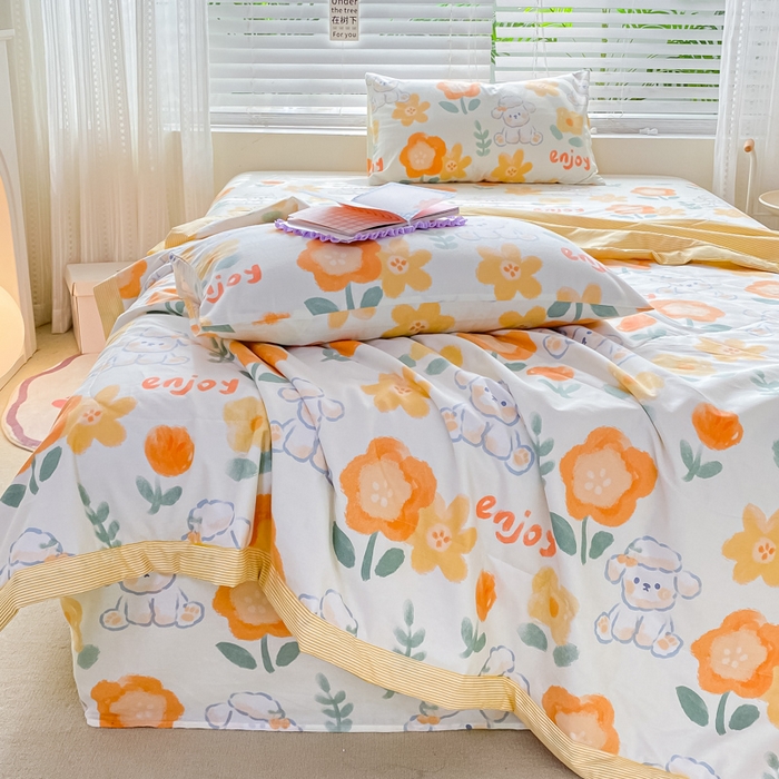 91家纺网 家纺一手货源 找家纺 莱宁被业 2024新款喷气全棉正反纯棉印花夏凉被全棉夏被四件套 嘟嘟花园