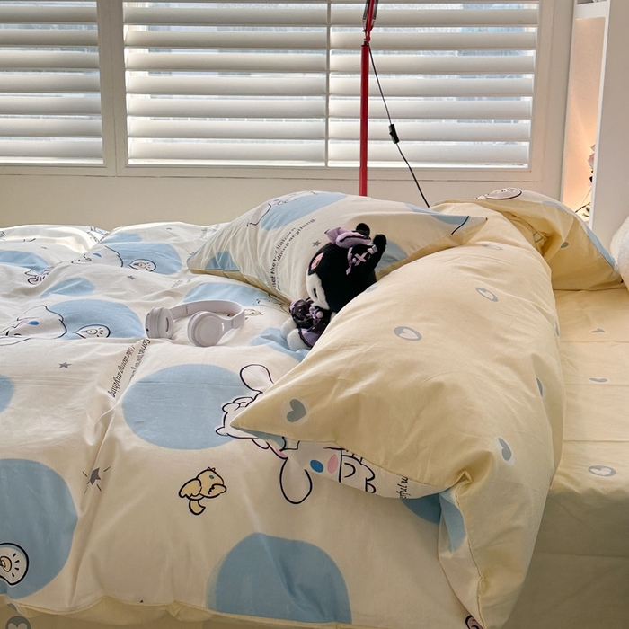 91家纺网 家纺一手货源 找家纺 昔可家纺 2024新款全棉印花四件套 蓝波点大耳狗