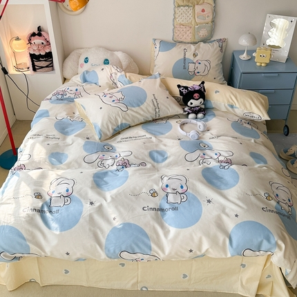 91家纺网 家纺一手货源 找家纺 昔可家纺 2024新款全棉印花四件套 蓝波点大耳狗