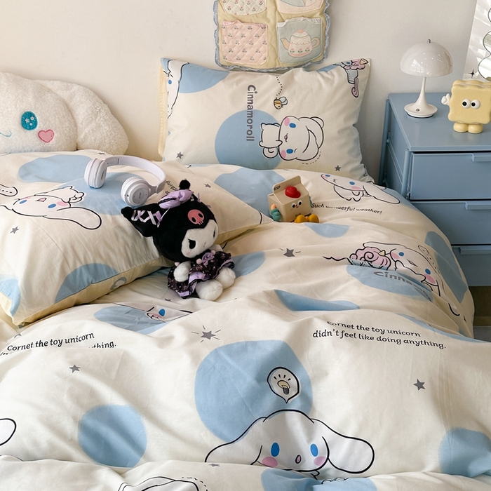 91家纺网 家纺一手货源 找家纺 昔可家纺 2024新款全棉印花四件套 蓝波点大耳狗