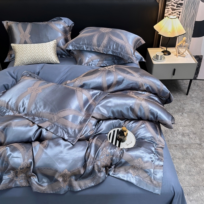 91家纺网 家纺一手货源 找家纺 三沁2024网红直播爆款全棉高精密色织贡缎提花镂空系列四件套 海蓝之谜