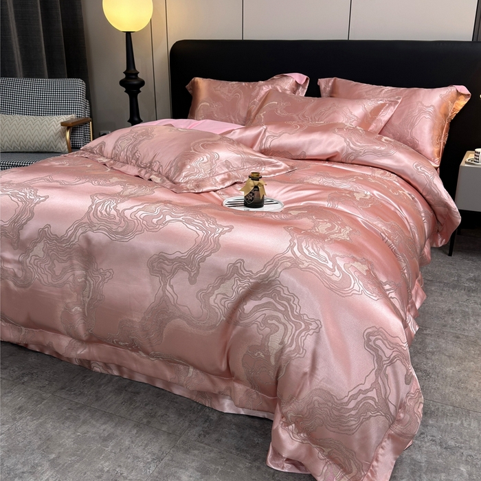 91家纺网 家纺一手货源 找家纺 三沁2024网红直播爆款全棉高精密色织贡缎提花镂空系列四件套 粉黛佳人