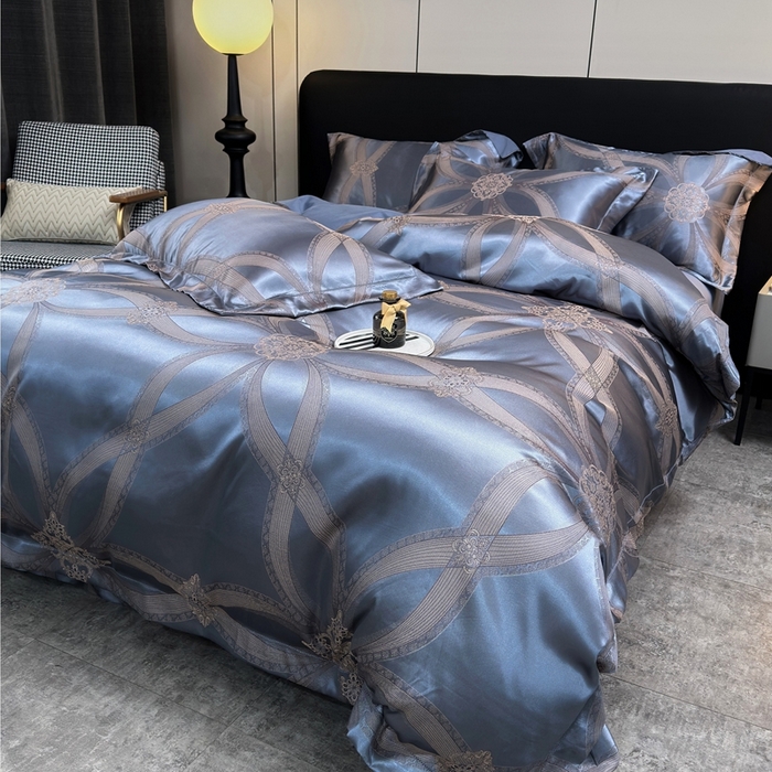 91家纺网 家纺一手货源 找家纺 三沁2024网红直播爆款全棉高精密色织贡缎提花镂空系列四件套 海蓝之谜