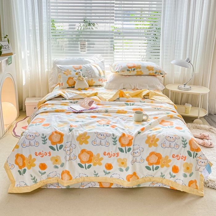 91家纺网 家纺一手货源 找家纺 莱宁被业 2024新款喷气全棉正反纯棉印花夏凉被全棉夏被四件套 嘟嘟花园