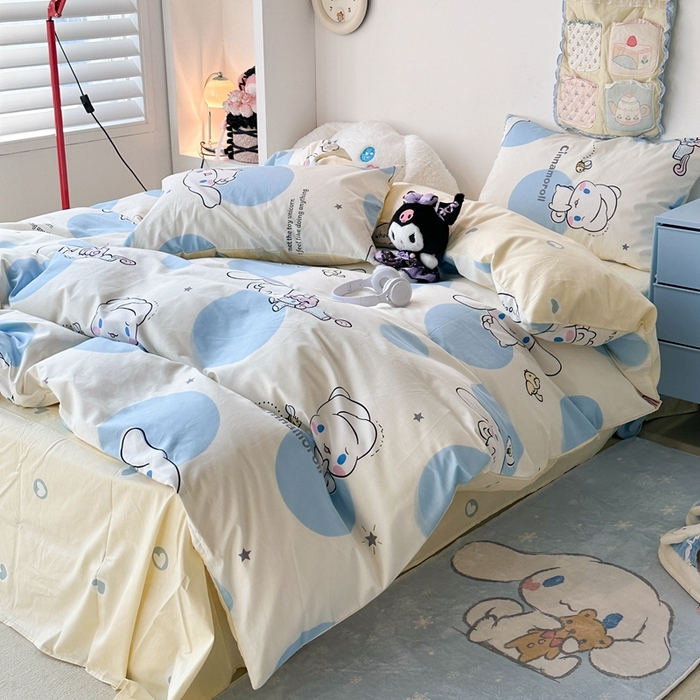 91家纺网 家纺一手货源 找家纺 昔可家纺 2024新款全棉印花四件套 蓝波点大耳狗