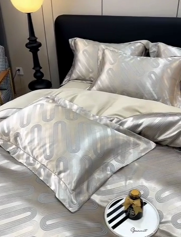 91家纺网 家纺一手货源 找家纺 三沁2024网红直播爆款全棉高精密色织贡缎提花镂空系列四件套 莫比乌斯