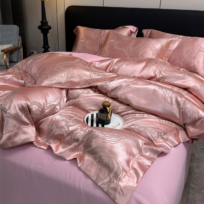 91家纺网 家纺一手货源 找家纺 三沁2024网红直播爆款全棉高精密色织贡缎提花镂空系列四件套 粉黛佳人