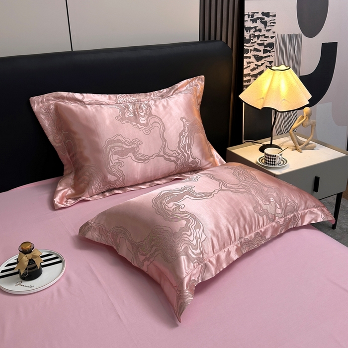 91家纺网 家纺一手货源 找家纺 三沁2024网红直播爆款全棉高精密色织贡缎提花镂空系列四件套 粉黛佳人