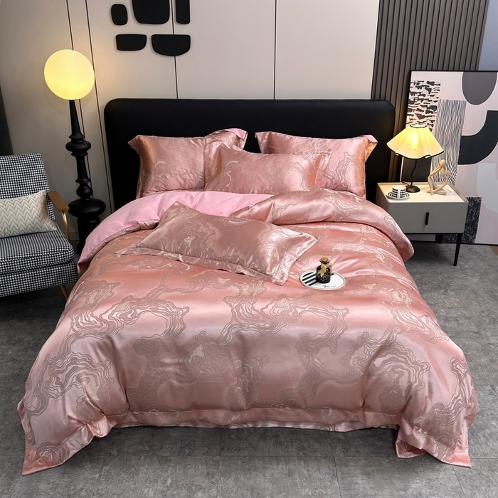 91家纺网 家纺一手货源 找家纺 三沁2024网红直播爆款全棉高精密色织贡缎提花镂空系列四件套 粉黛佳人