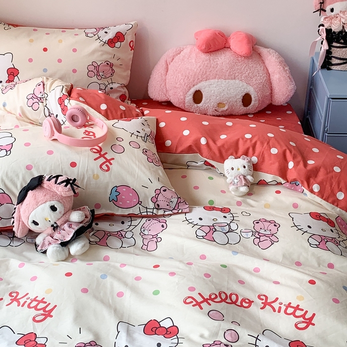 91家纺网 家纺一手货源 找家纺 昔可家纺 2024新款全棉印花四件套 波点凯蒂猫