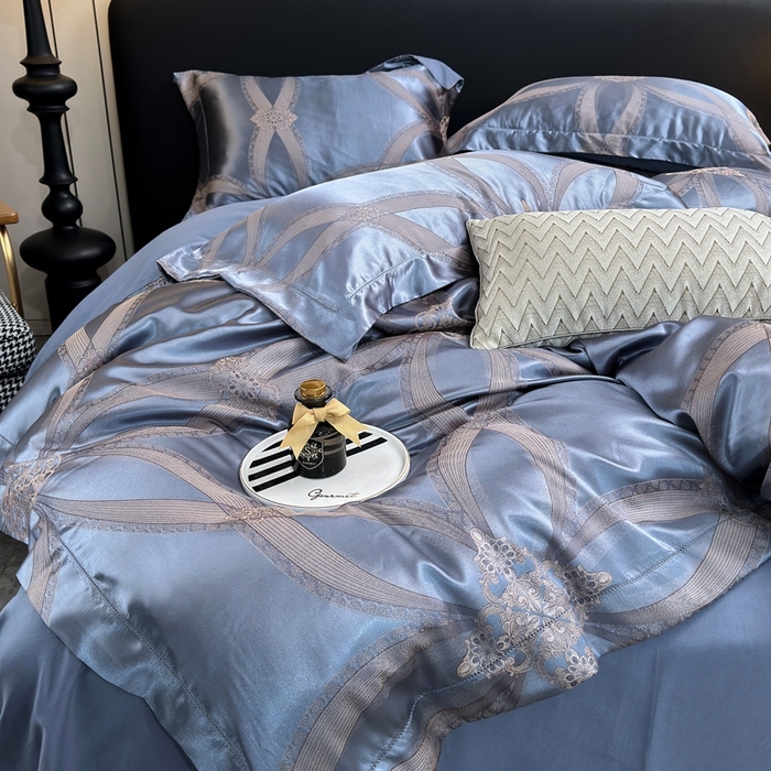 91家纺网 家纺一手货源 找家纺 三沁2024网红直播爆款全棉高精密色织贡缎提花镂空系列四件套 海蓝之谜