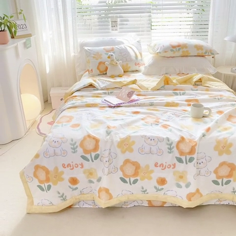91家纺网 家纺一手货源 找家纺 莱宁被业 2024新款喷气全棉正反纯棉印花夏凉被全棉夏被四件套 嘟嘟花园