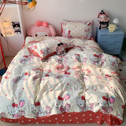 91家纺网 家纺一手货源 找家纺 昔可家纺 2024新款全棉印花四件套 波点凯蒂猫