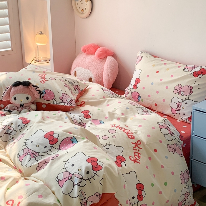 91家纺网 家纺一手货源 找家纺 昔可家纺 2024新款全棉印花四件套 波点凯蒂猫