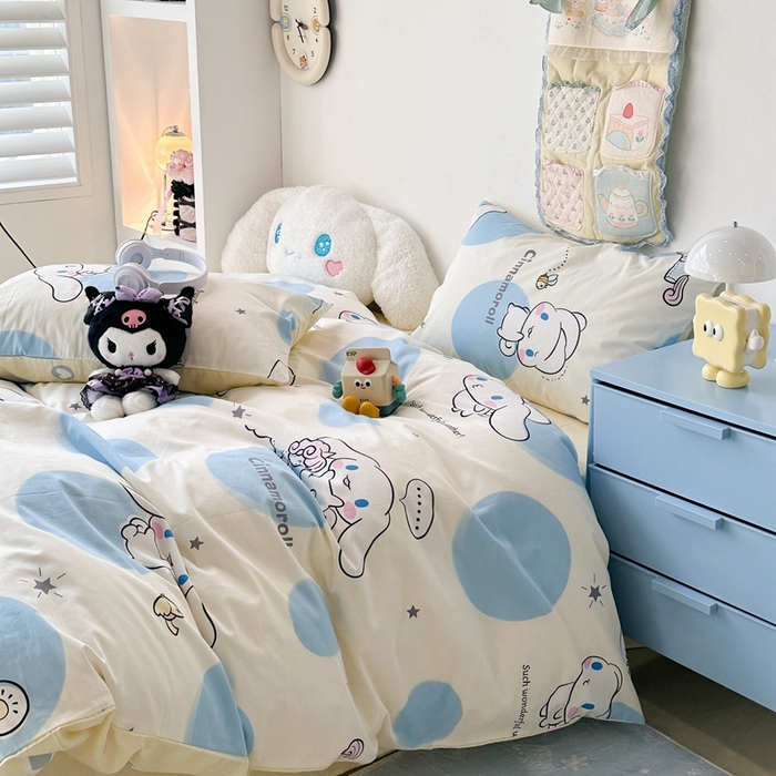 91家纺网 家纺一手货源 找家纺 昔可家纺 2024新款全棉印花四件套 蓝波点大耳狗