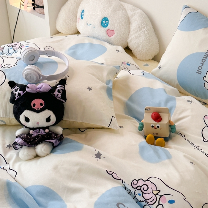 91家纺网 家纺一手货源 找家纺 昔可家纺 2024新款全棉印花四件套 蓝波点大耳狗