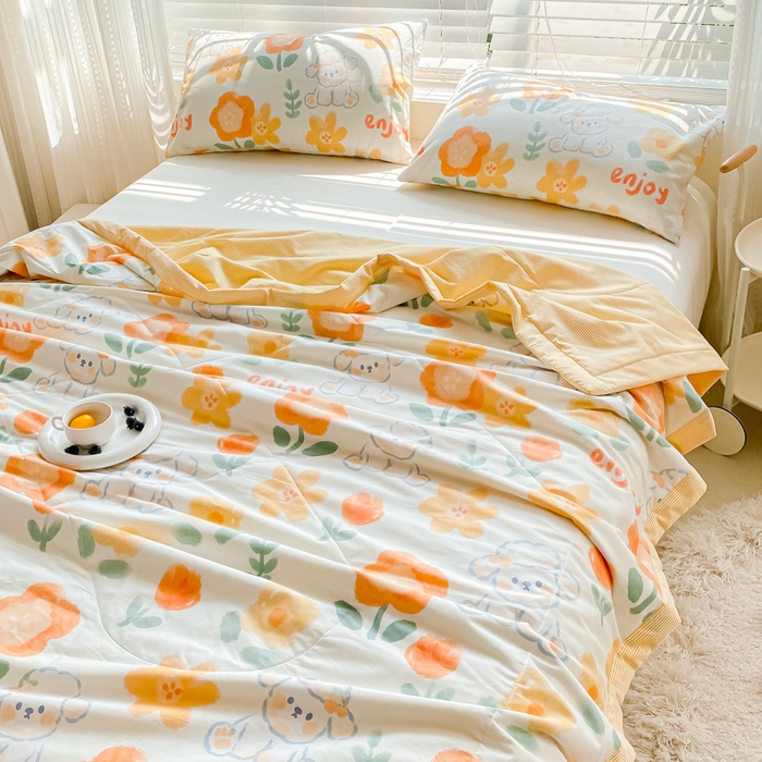 91家纺网 家纺一手货源 找家纺 莱宁被业 2024新款喷气全棉正反纯棉印花夏凉被全棉夏被四件套 嘟嘟花园