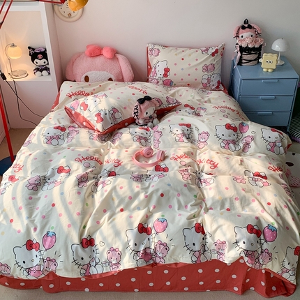 昔可家纺 2024新款全棉印花四件套 波点凯蒂猫