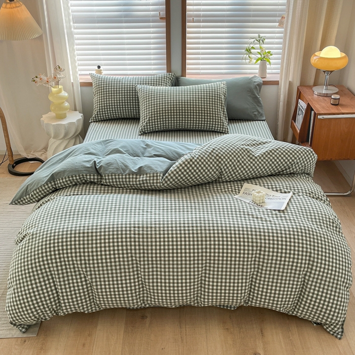 91家纺网 家纺一手货源 找家纺 启程家纺 2026新款全棉A类水洗棉多规格四件套单品-四件套 绿小格