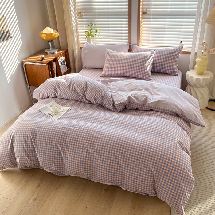 91家纺网 家纺一手货源 找家纺 启程家纺 2026新款全棉A类水洗棉多规格四件套单品-四件套 紫粉小格