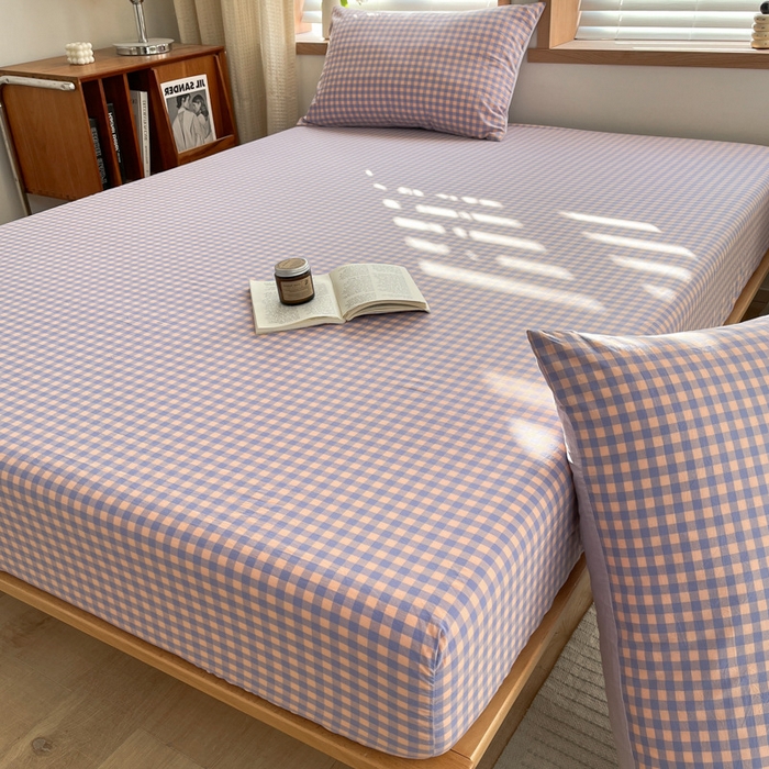 91家纺网 家纺一手货源 找家纺 启程家纺 2026新款全棉A类水洗棉多规格四件套单品-单床笠 紫粉小格