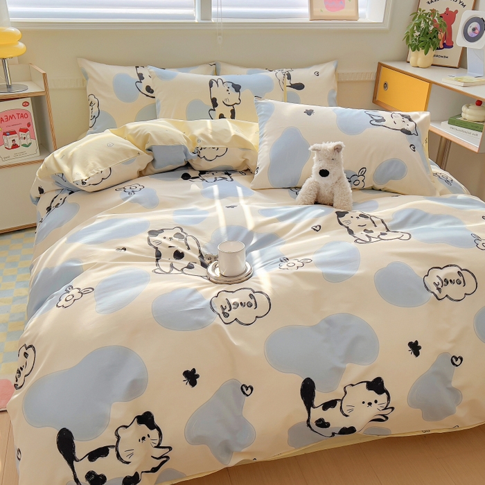 91家纺网 家纺一手货源 找家纺 百寐2024新款小清新碎花卡通13372全棉四件套纯棉床单床笠款 奶牛猫
