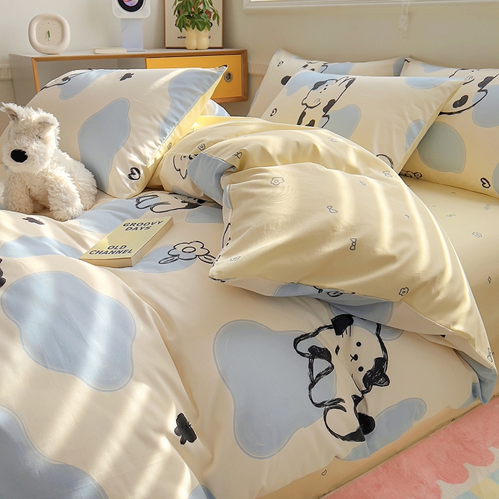 91家纺网 家纺一手货源 找家纺 百寐2024新款小清新碎花卡通13372全棉四件套纯棉床单床笠款 奶牛猫