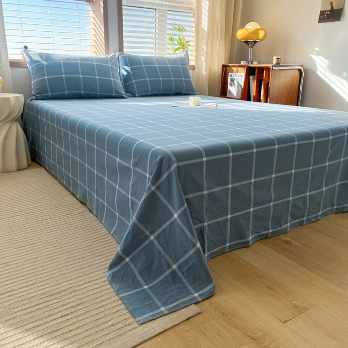 91家纺网 家纺一手货源 找家纺 启程家纺 2026新款全棉A类水洗棉多规格四件套单品-单床单 蓝灰中格