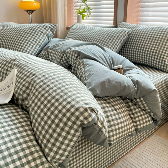 91家纺网 家纺一手货源 找家纺 启程家纺 2026新款全棉A类水洗棉多规格四件套单品-四件套 绿小格