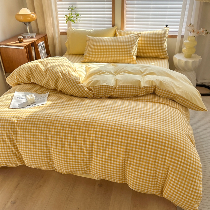 91家纺网 家纺一手货源 找家纺 启程家纺 2026新款全棉A类水洗棉多规格四件套单品-四件套 黄小格
