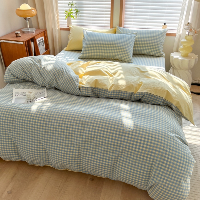 91家纺网 家纺一手货源 找家纺 启程家纺 2026新款全棉A类水洗棉多规格四件套单品-四件套 蓝黄小格