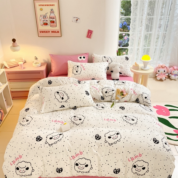 91家纺网 家纺一手货源 找家纺 葡萄家 2024新款双层纱云柔水洗棉萌趣卡通系列四件套（提供买家秀联系客服） 小羊咩咩