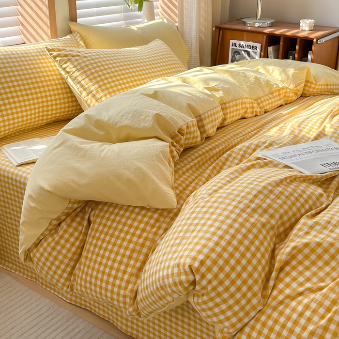 91家纺网 家纺一手货源 找家纺 启程家纺 2026新款全棉A类水洗棉多规格四件套单品-四件套 黄小格