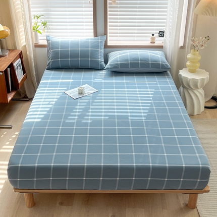 启程家纺 2026新款全棉A类水洗棉多规格四件套单品-单床笠 蓝灰中格