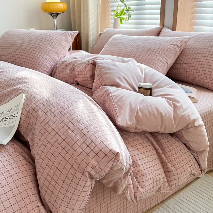 91家纺网 家纺一手货源 找家纺 启程家纺 2026新款全棉A类水洗棉多规格四件套单品-四件套 粉小方格