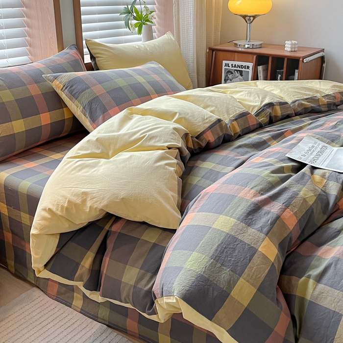 91家纺网 家纺一手货源 找家纺 启程家纺 2026新款全棉A类水洗棉多规格四件套单品-四件套 牛油果灰大格