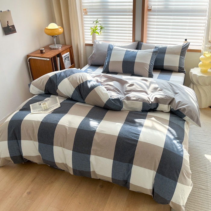 91家纺网 家纺一手货源 找家纺 启程家纺 2026新款全棉A类水洗棉多规格四件套单品-四件套 蓝大格