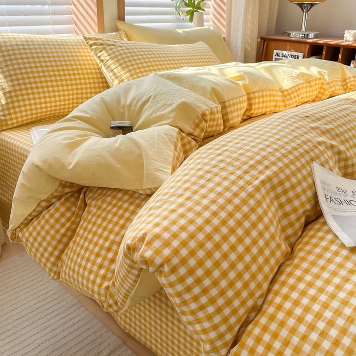 91家纺网 家纺一手货源 找家纺 启程家纺 2026新款全棉A类水洗棉多规格四件套单品-四件套 黄小格