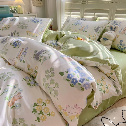 91家纺网 家纺一手货源 找家纺 百寐 2024新款全棉13070印花四件套 丛林兔