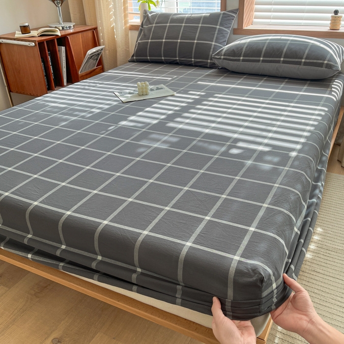 91家纺网 家纺一手货源 找家纺 启程家纺 2026新款全棉A类水洗棉多规格四件套单品-单床笠 暗灰中格