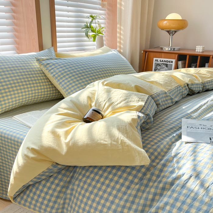 91家纺网 家纺一手货源 找家纺 启程家纺 2026新款全棉A类水洗棉多规格四件套单品-四件套 蓝黄小格