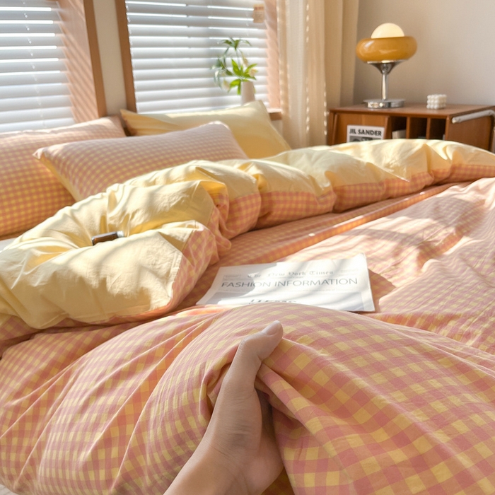 91家纺网 家纺一手货源 找家纺 启程家纺 2026新款全棉A类水洗棉多规格四件套单品-四件套 黄粉小格