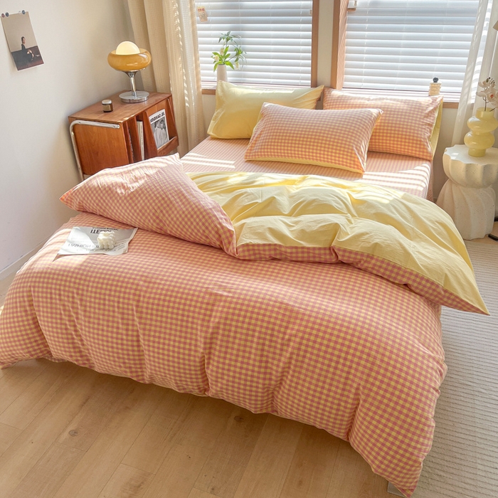 91家纺网 家纺一手货源 找家纺 启程家纺 2026新款全棉A类水洗棉多规格四件套单品-四件套 黄粉小格