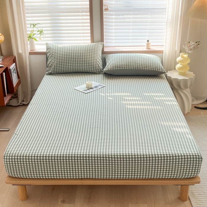 91家纺网 家纺一手货源 找家纺 启程家纺 2026新款全棉A类水洗棉多规格四件套单品-单床笠 绿小格