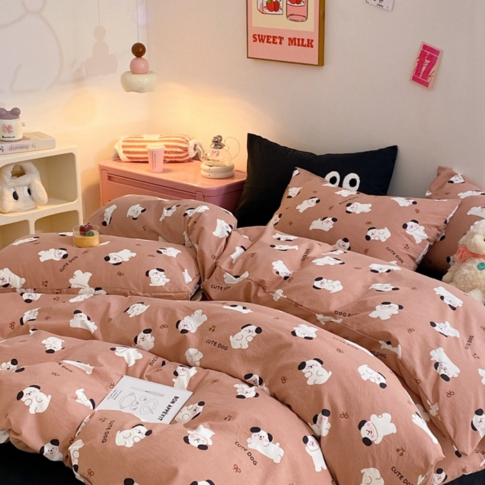 91家纺网 家纺一手货源 找家纺 葡萄家 2024新款双层纱云柔水洗棉萌趣卡通系列四件套（提供买家秀联系客服） 你好小狗
