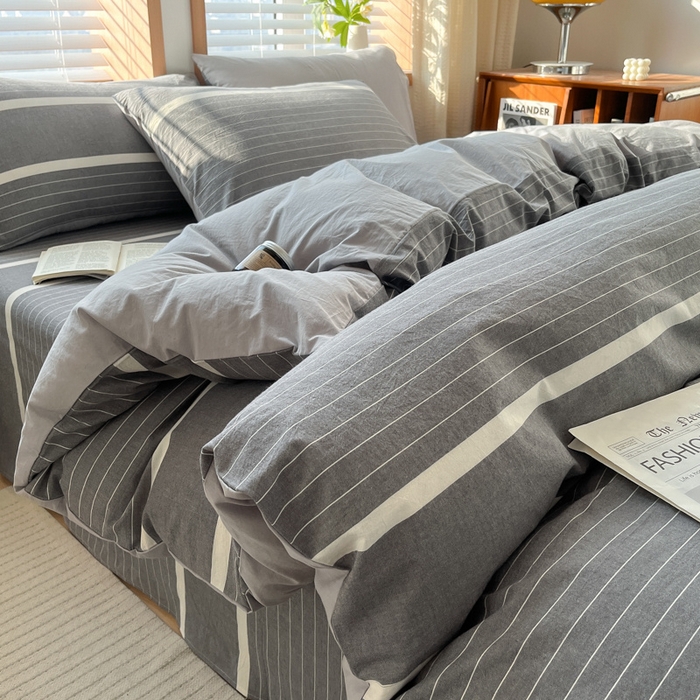 91家纺网 家纺一手货源 找家纺 启程家纺 2026新款全棉A类水洗棉多规格四件套单品-四件套 深灰条