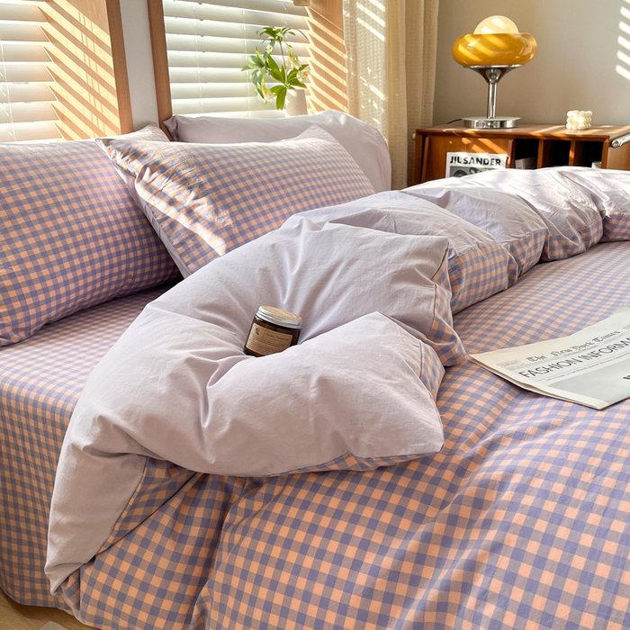 91家纺网 家纺一手货源 找家纺 启程家纺 2026新款全棉A类水洗棉多规格四件套单品-四件套 紫粉小格