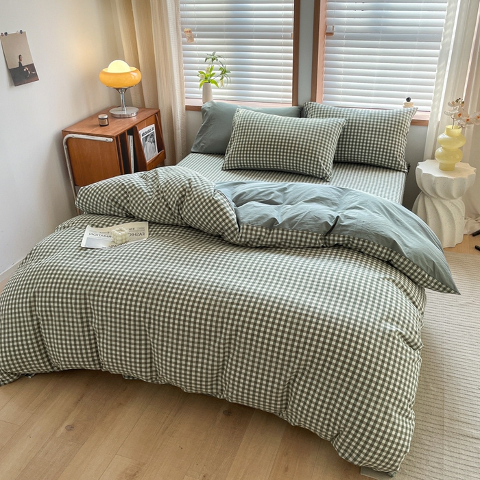 91家纺网 家纺一手货源 找家纺 启程家纺 2026新款全棉A类水洗棉多规格四件套单品-四件套 绿小格