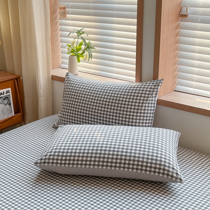 91家纺网 家纺一手货源 找家纺 启程家纺 2026新款全棉A类水洗棉多规格四件套单品-单枕套 灰小格