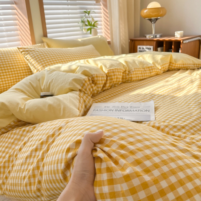 91家纺网 家纺一手货源 找家纺 启程家纺 2026新款全棉A类水洗棉多规格四件套单品-四件套 黄小格